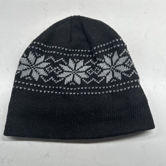 Bkack Knit Fleece Lined Snowflake Beanie Winter Warm Snow Hat - Picture 1 of 9